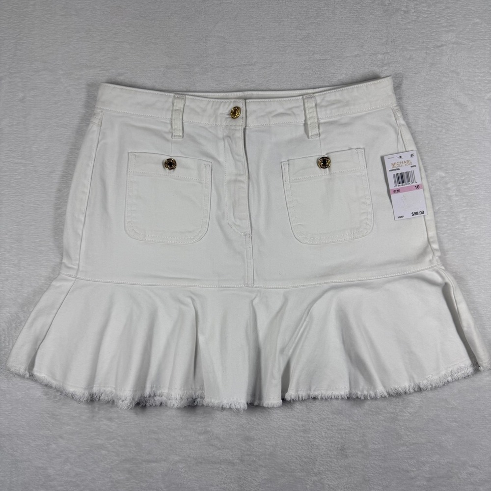 Michael Kors White Denim Ruffle Flounce Skirt Size 10 MB97F6T94L New With Tags